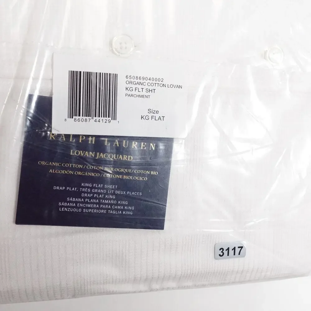 New Ralph Lauren Organic Cotton Lovan Jacquard Parchment White King Flat Sheet
